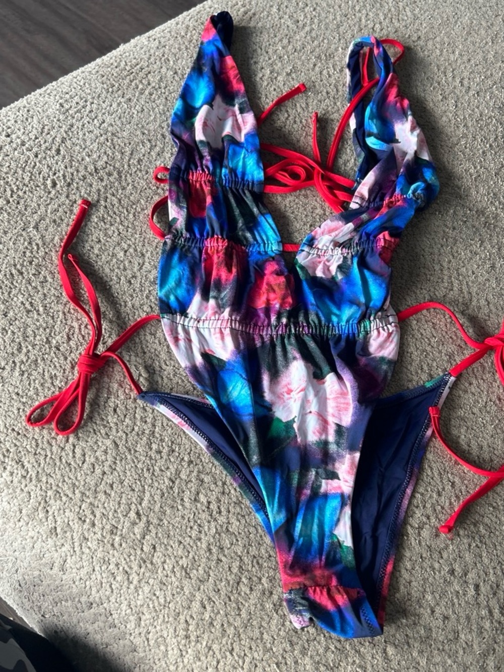 Fashion Nova Blue Pink Red Floral One-Piece Swimsuit